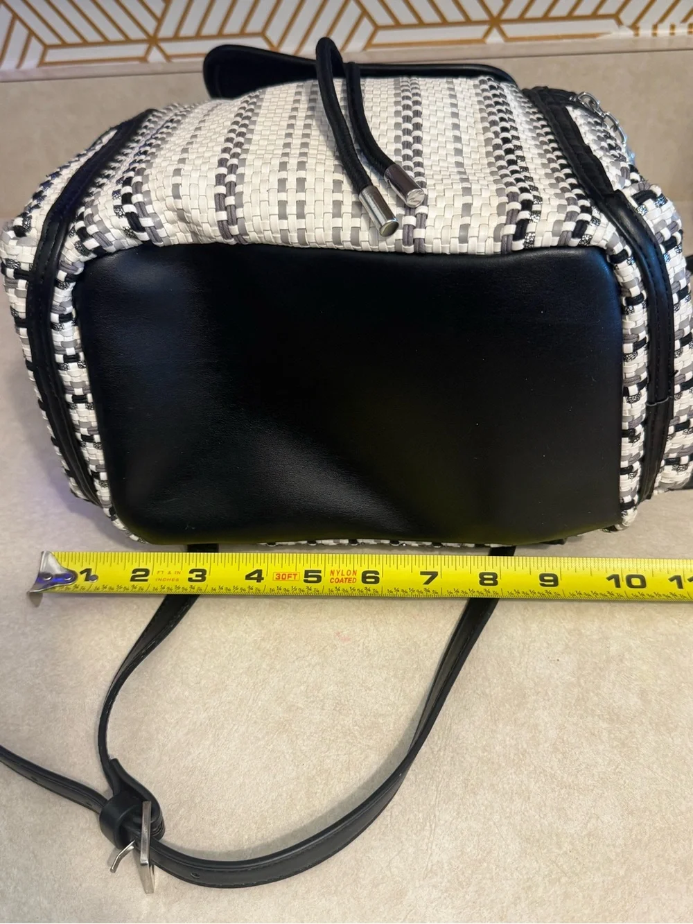 NWOT Ted Baker Allizza Black & Cream w/metallic silver woven Stripe Backpack